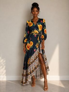 FARM Rio Anthropologie Floral Wrap Maxi Dress XS Petite High Low Boho